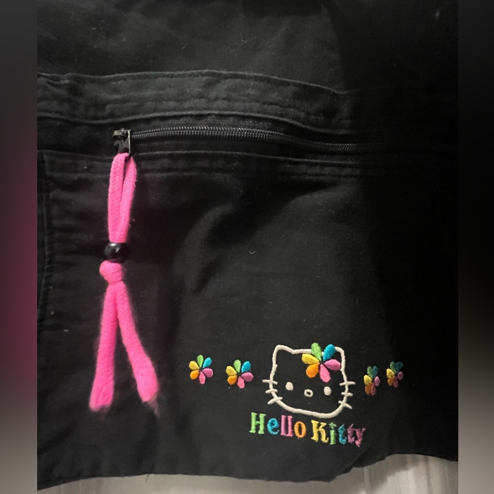Vintage Hello Kitty Embroidered Black waist Bag/Apron with Pink Zippered Tassel